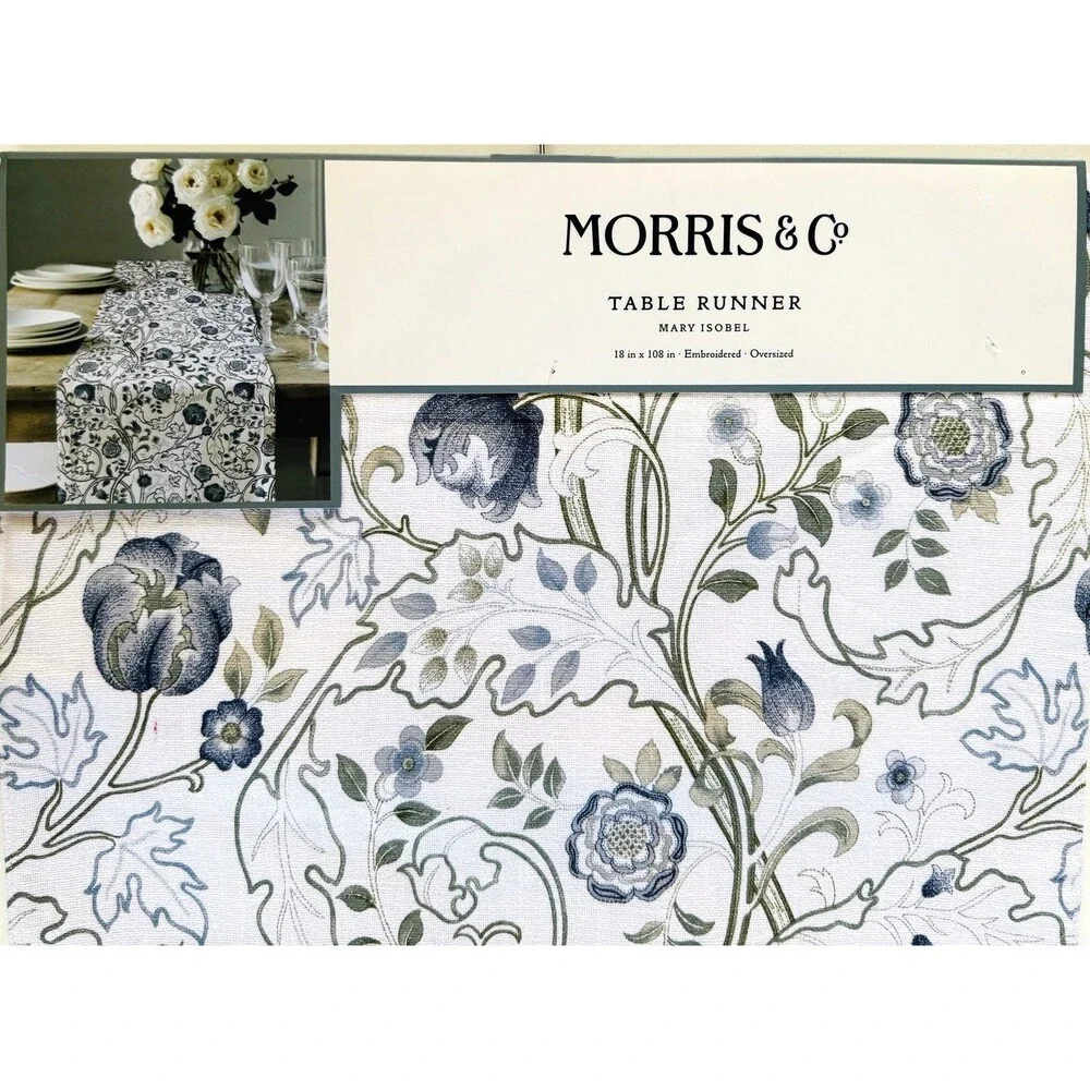 William Morris & Co Mary Isobel Table Runner 108”x 18” Embroidered Floral White
